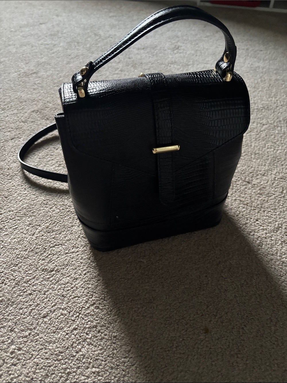 💯 leather - Structured Black Croc-Embossed Top Handle Satchel with Gold Accent